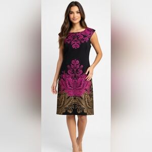 London Times Black Dress with Pink and Gold Floral Design
